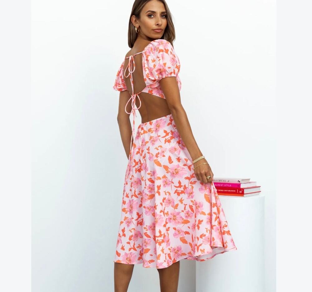 Hello Molly Dish It Out Pink Floral Puff Sleeve Open Back Cutout Midi Dress